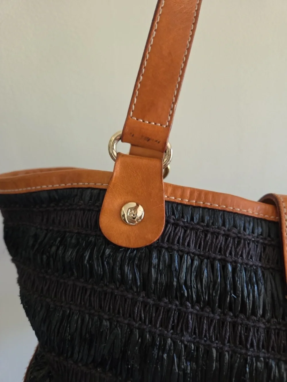Vintage Kate Spade black straw purse handbag wooden bottom leather trim - Picture 10 of 12